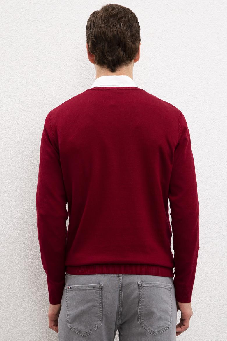 Erkek Bordo V-Yaka Triko Kazak Basic - 50206747096