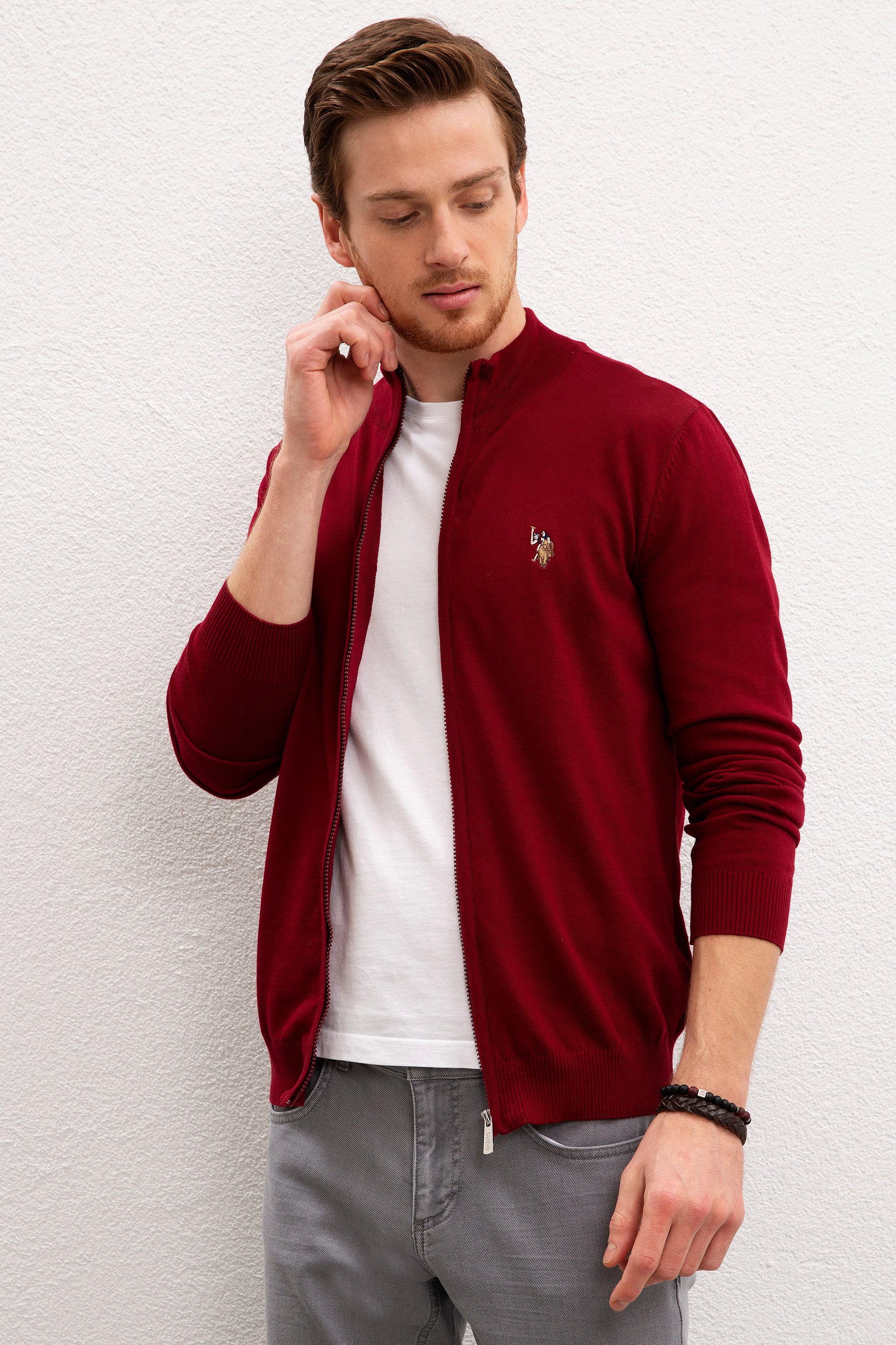 Erkek Bordo  Triko Hırka Basic