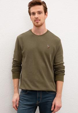 Erkek Koyu Haki Bisiklet Yaka Sweatshirt - 50207889013