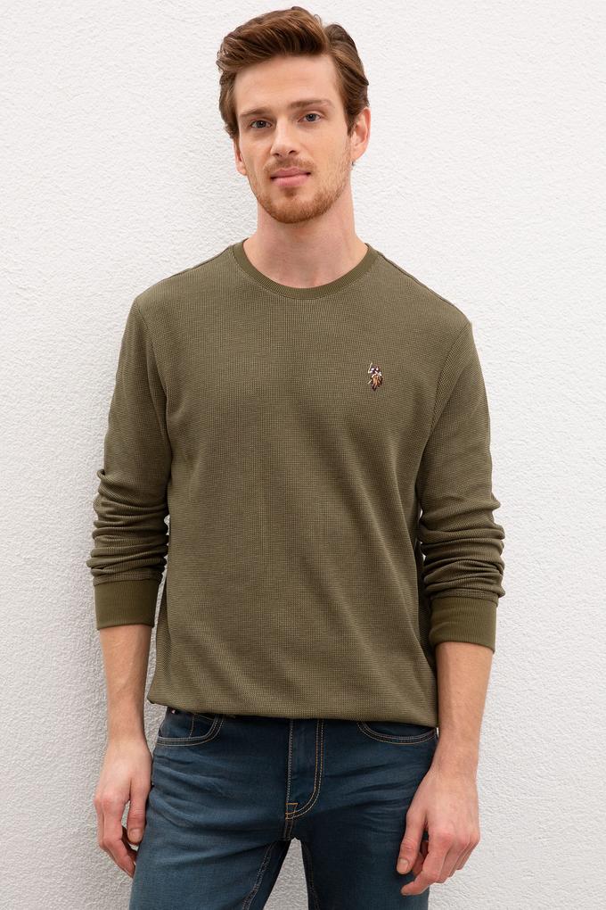 Erkek Koyu Haki Bisiklet Yaka Sweatshirt