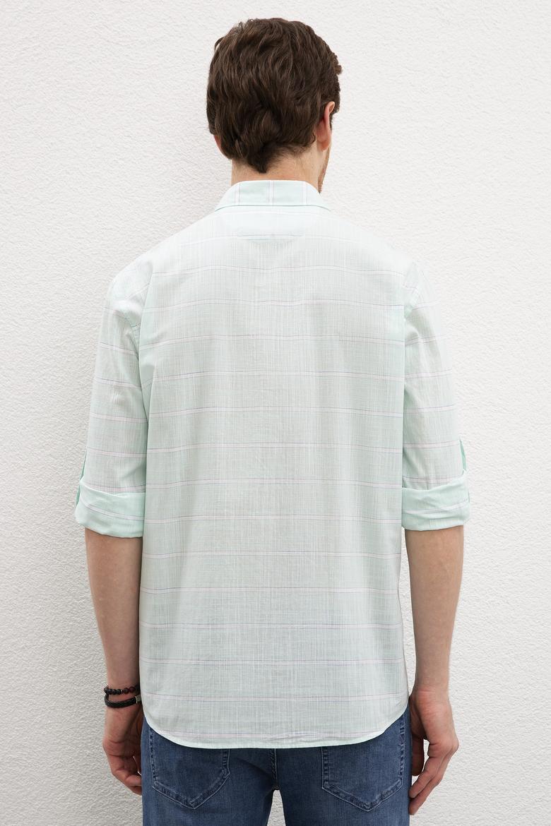 Erkek Yeşil Yatay Çizgili Gömlek Uzunkol - 50218761013