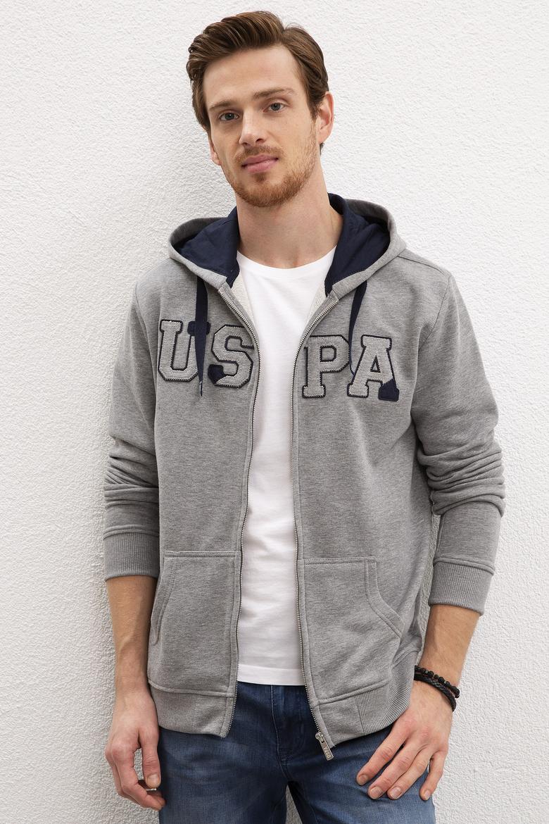 Erkek Gri Melanj Kapüşonlu Fermuarlı Sweatshirt