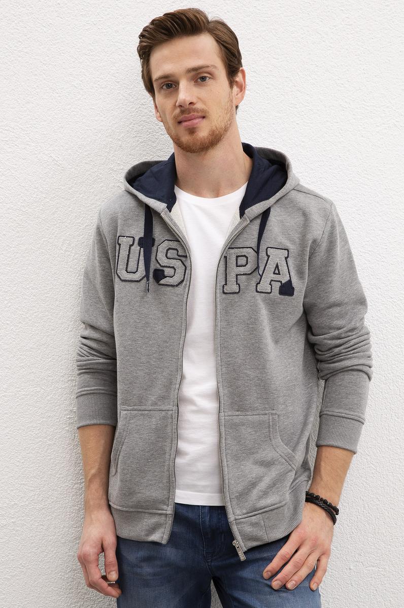 Erkek Gri Melanj Kapüşonlu Fermuarlı Sweatshirt