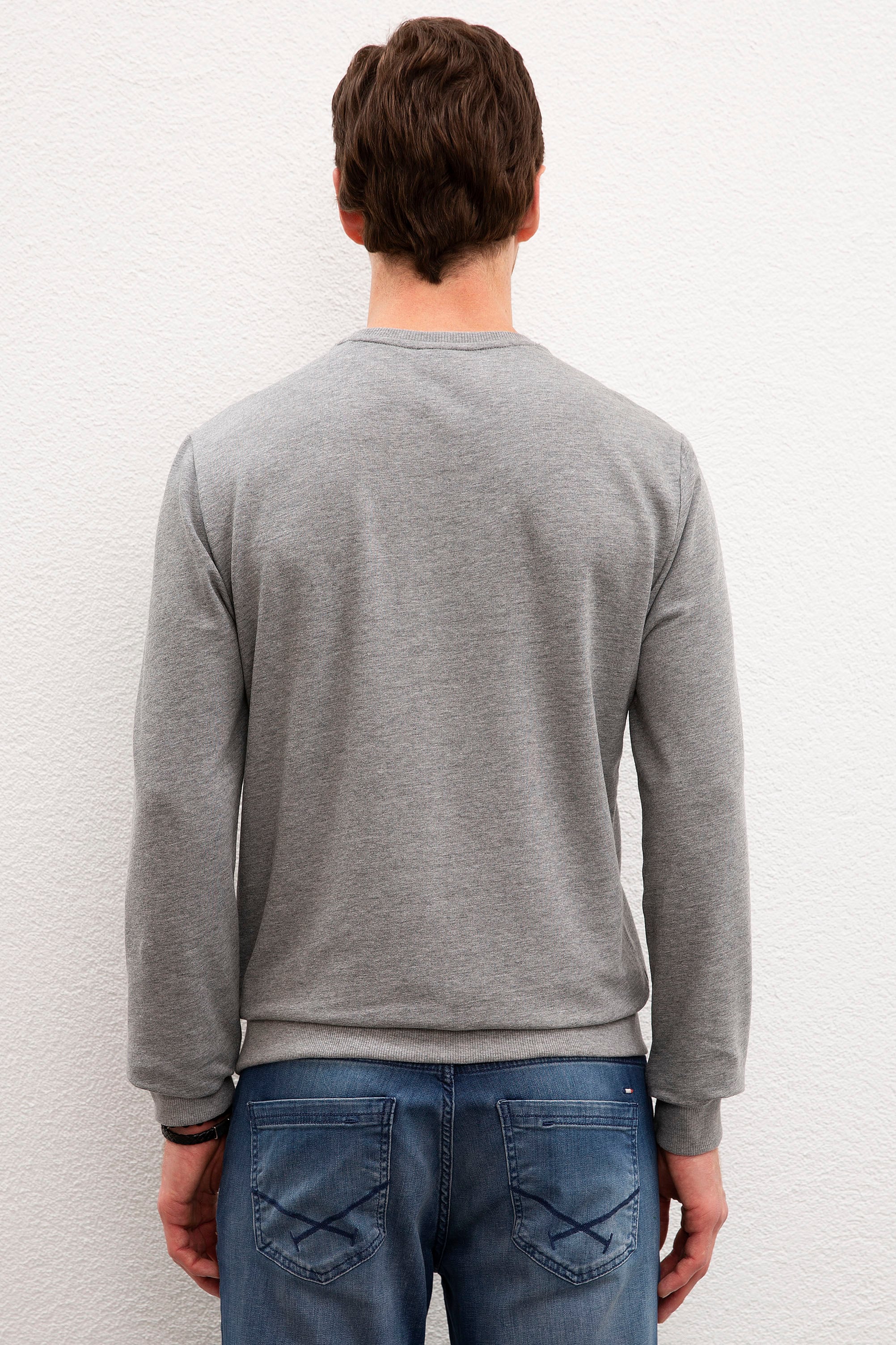 Erkek Gri Melanj Bisiklet Yaka Sweatshirt