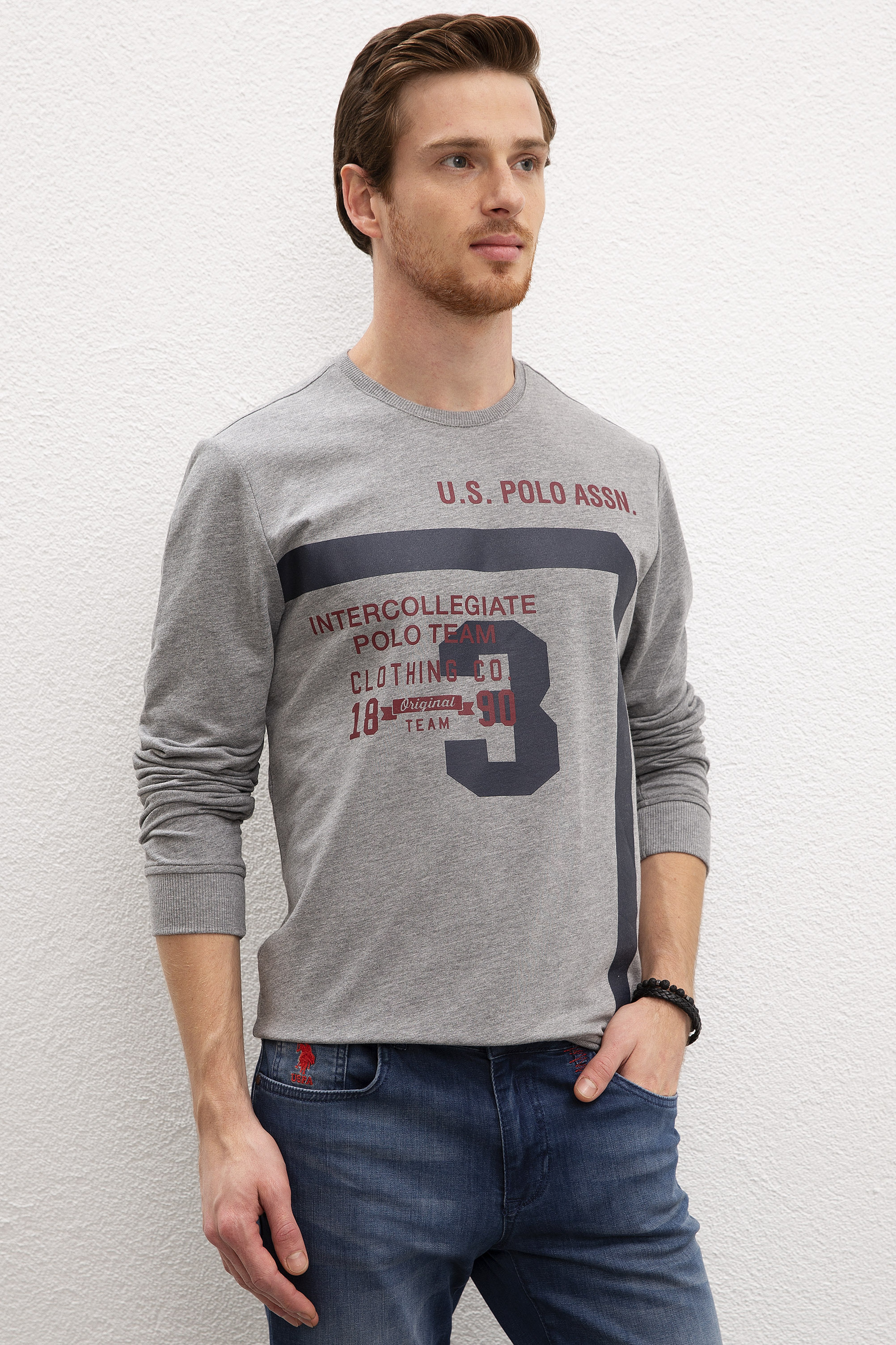 Erkek Gri Melanj Bisiklet Yaka Sweatshirt - Image 1