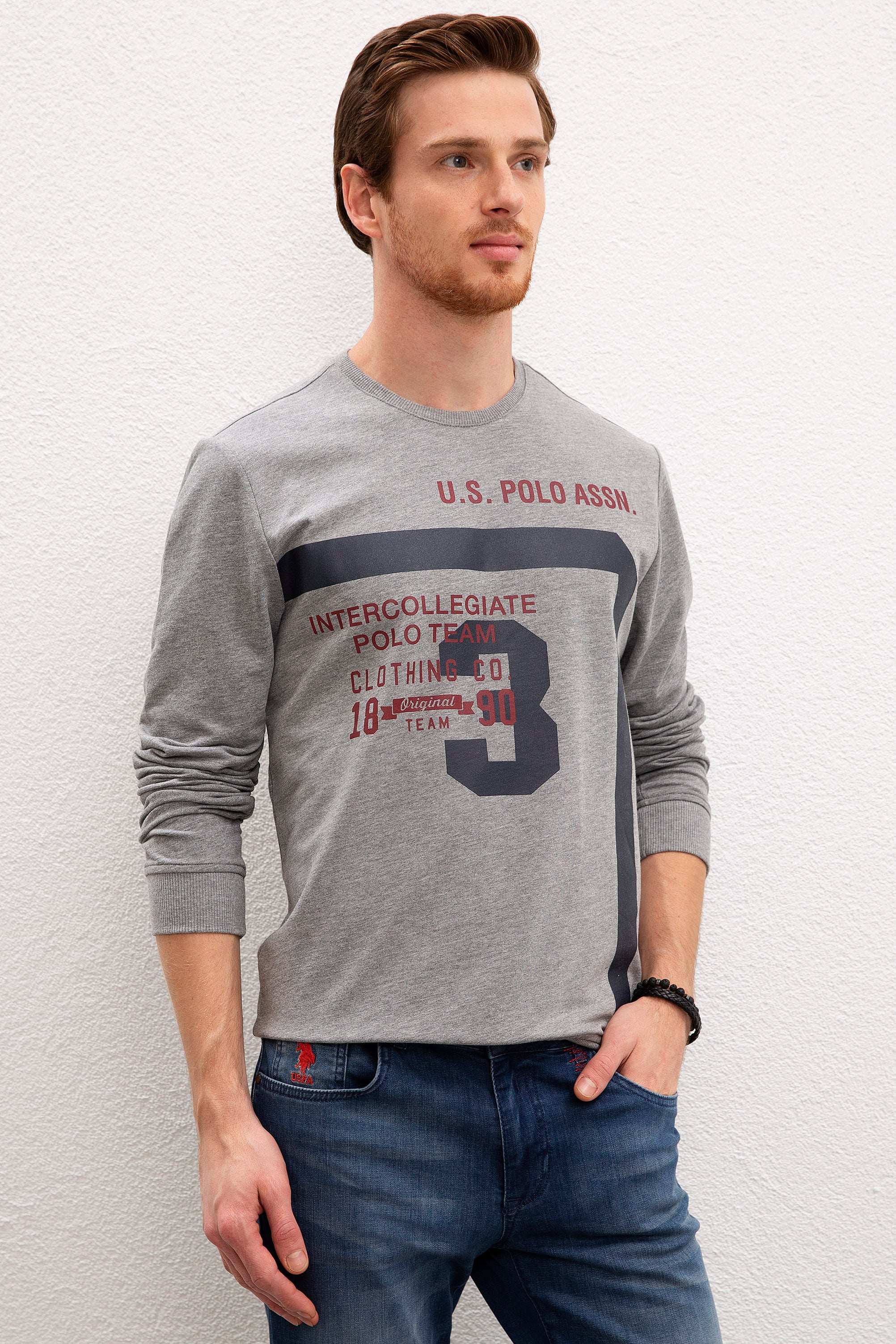Erkek Gri Melanj Bisiklet Yaka Sweatshirt