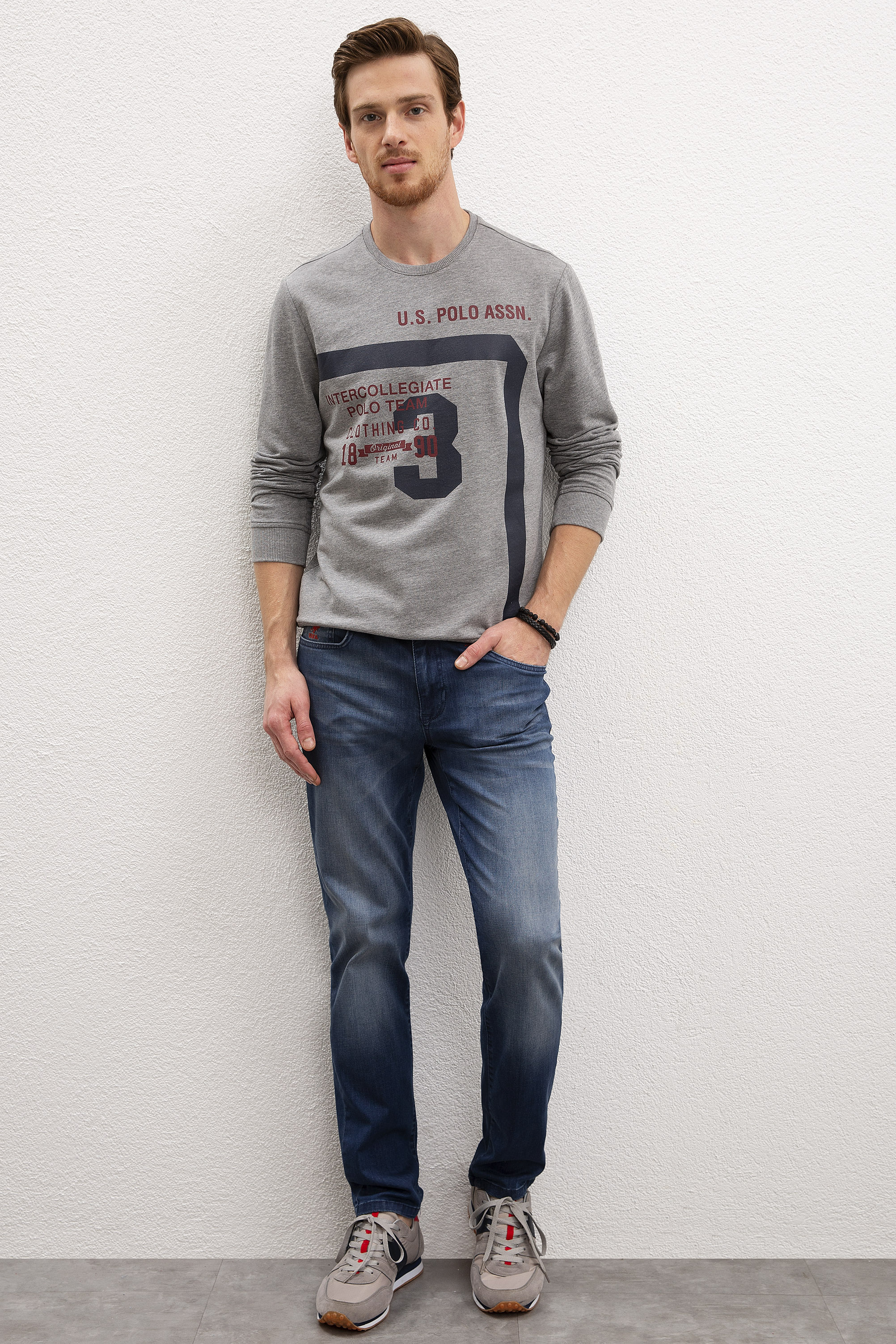 Erkek Gri Melanj Bisiklet Yaka Sweatshirt