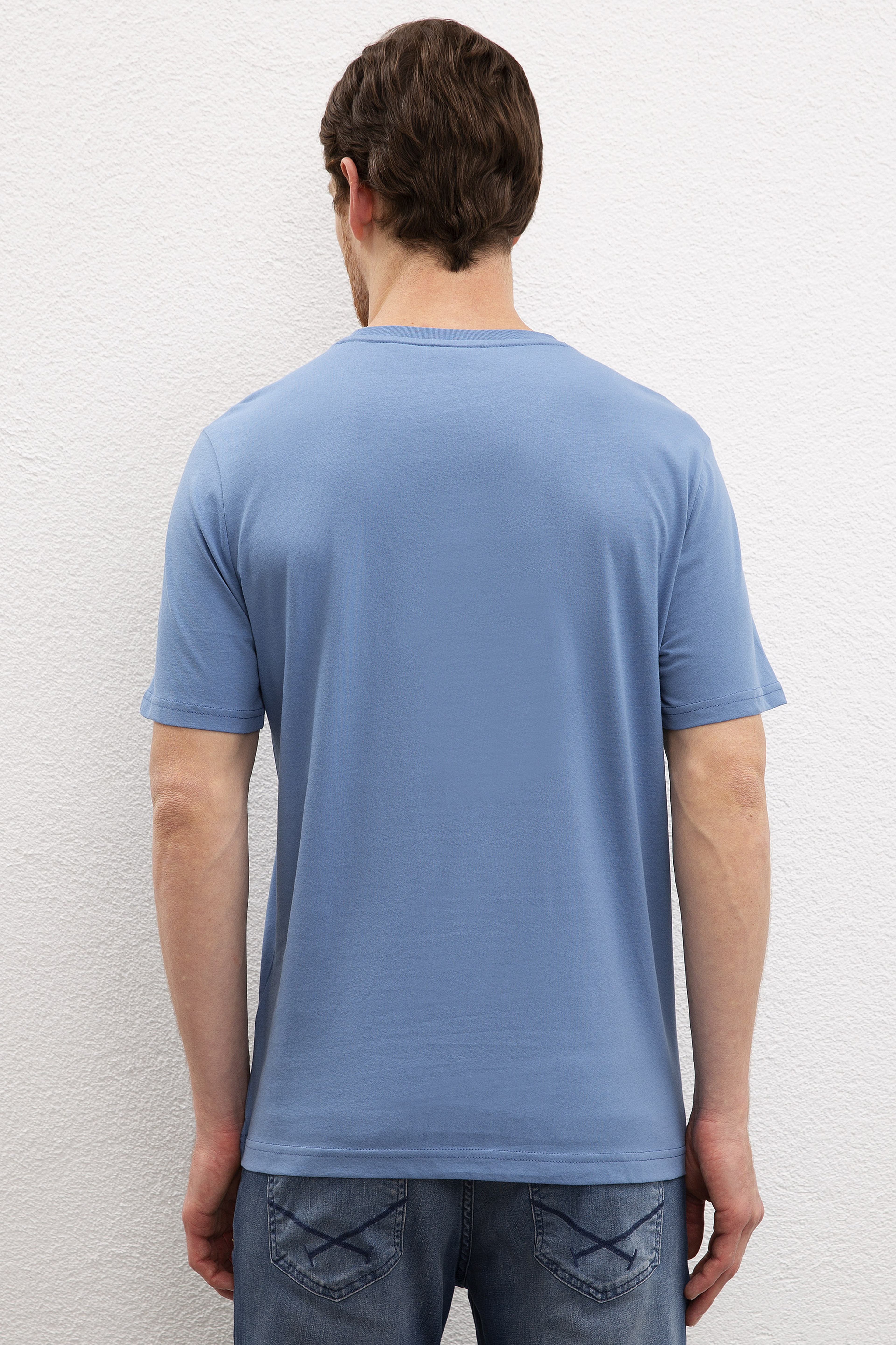 Erkek İndigo Bisiklet Yaka T-Shirt Basic - Image 3