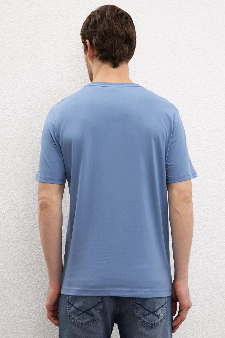 Erkek İndigo Bisiklet Yaka T-Shirt Basic - 50216452046