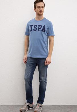 Erkek İndigo Bisiklet Yaka T-Shirt Basic - 50216452046