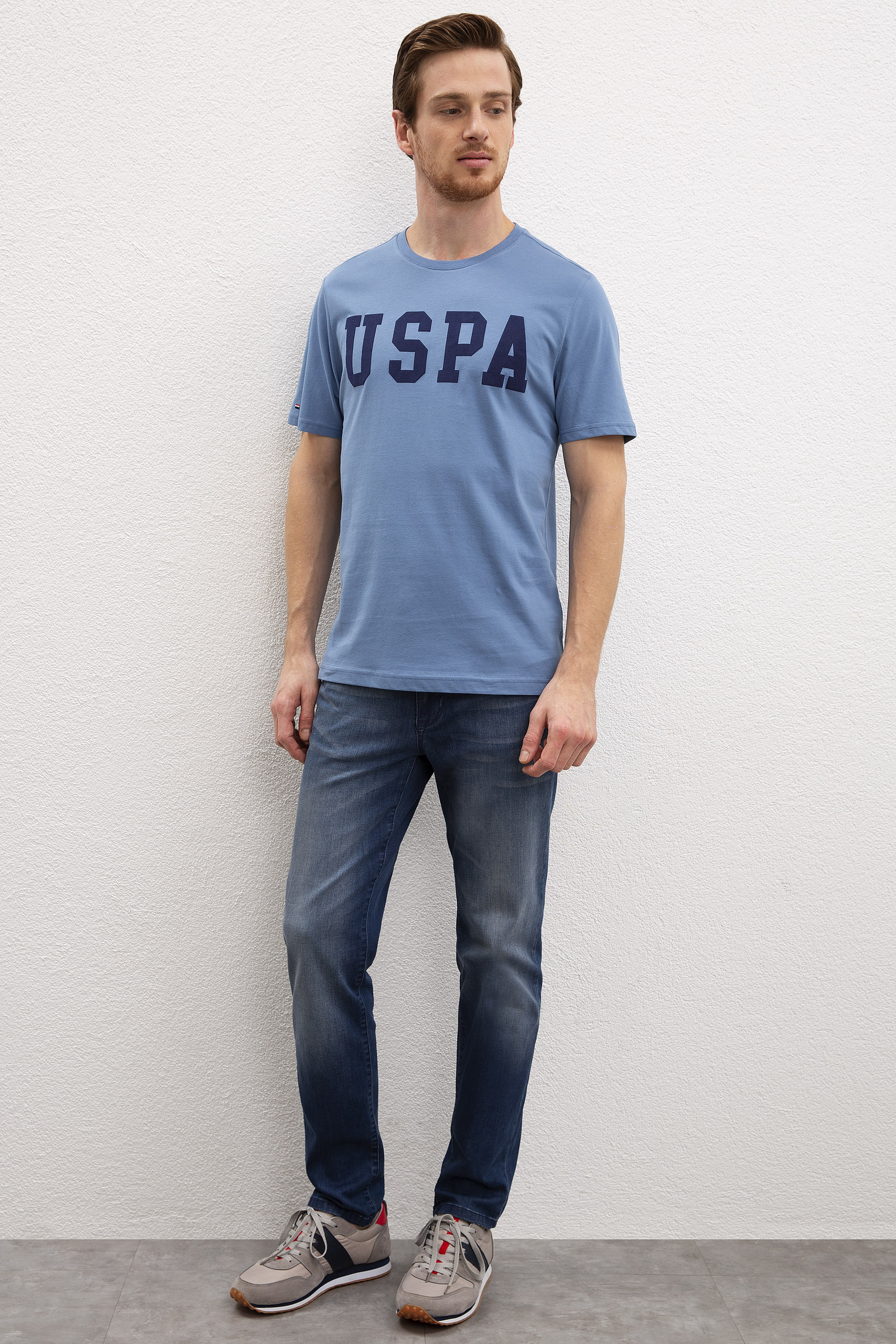 Erkek İndigo Bisiklet Yaka T-Shirt Basic - Image 4