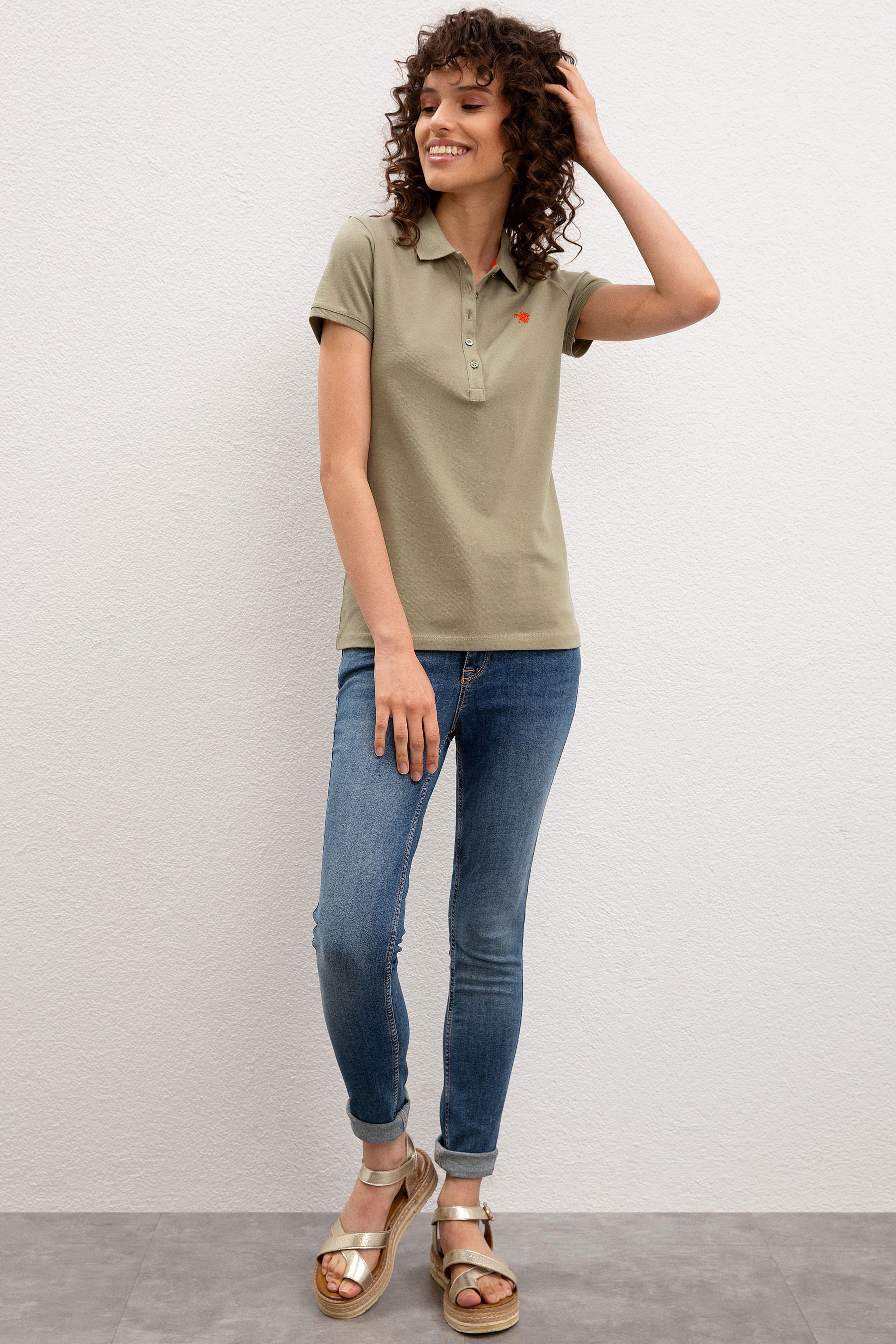 Kadın Haki Basic Polo Yaka Tişört - Image 4