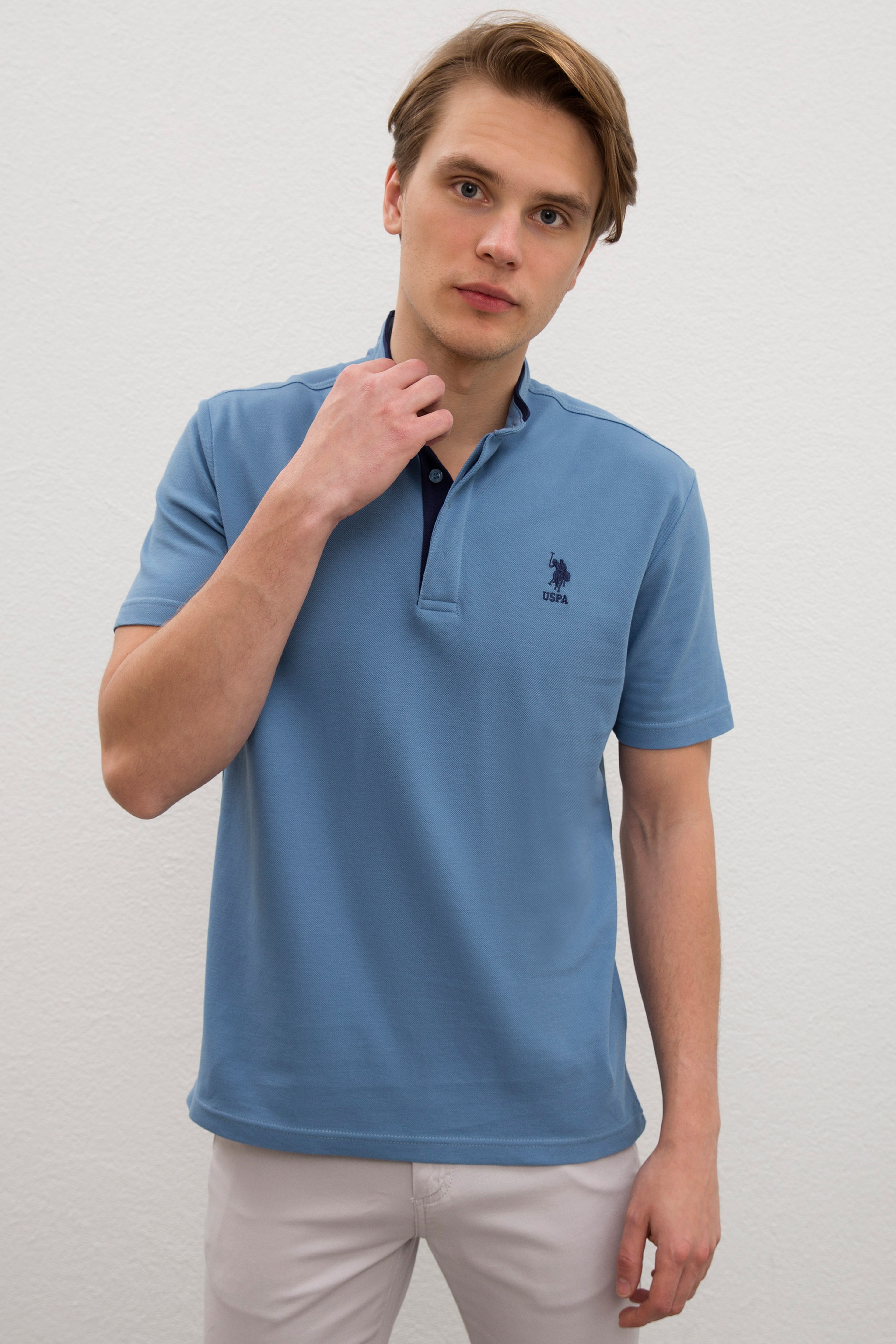 Erkek İndigo Hakim Yaka T-Shirt - Image 2