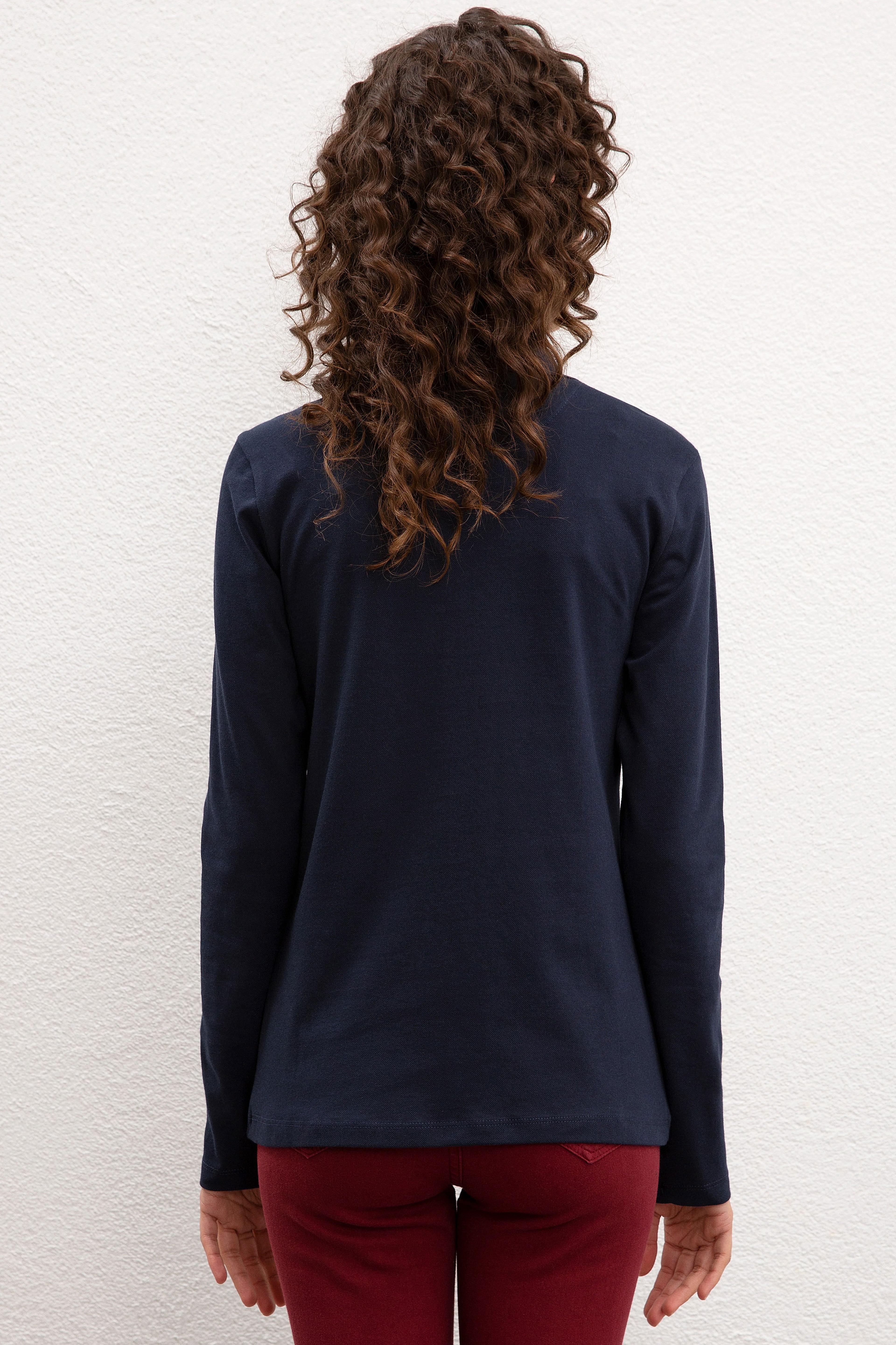 Kadın Lacivert Basic Polo Yaka Sweatshirt - Image 3