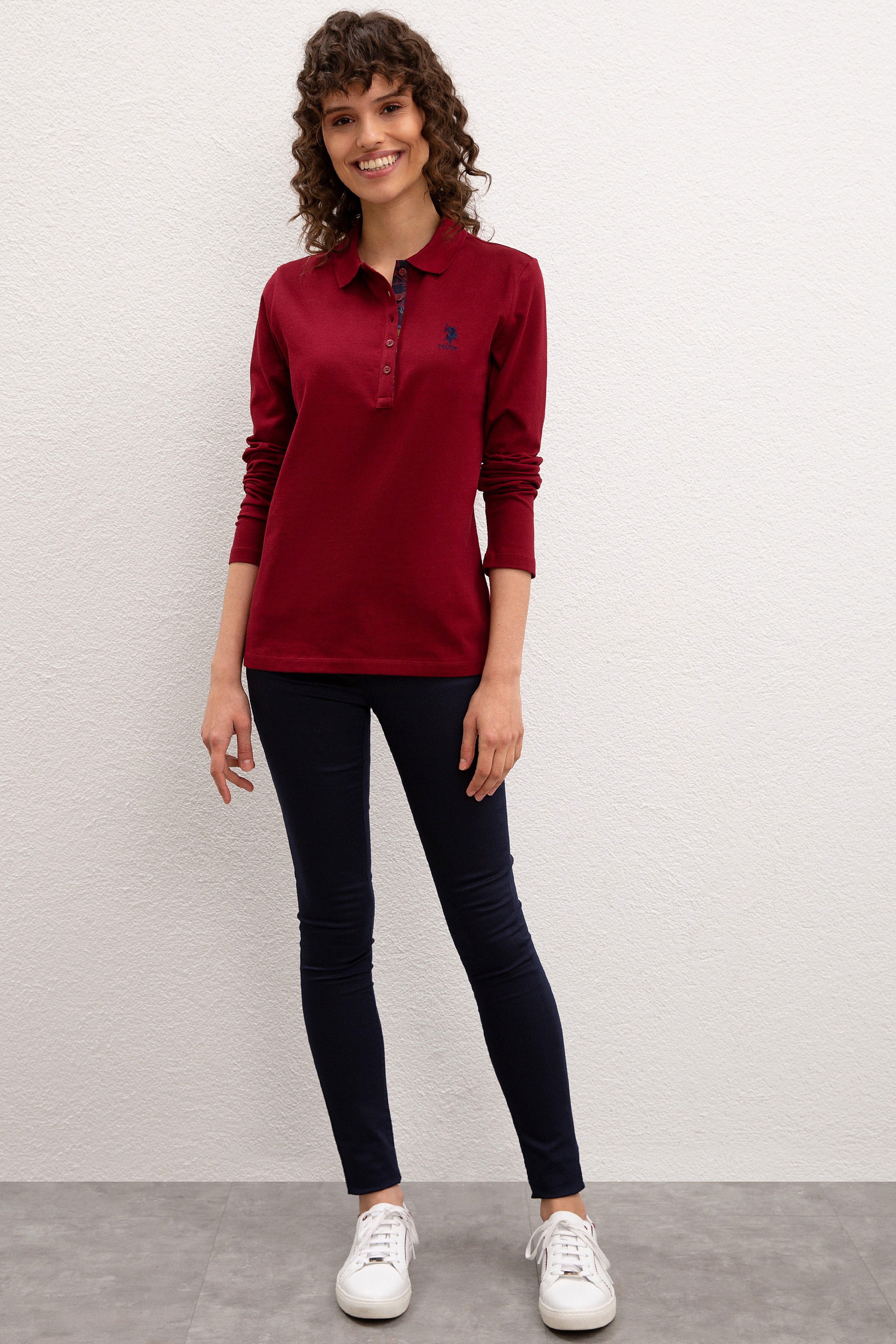 Kadın Bordo Basic Polo Yaka Sweatshirt - Image 4