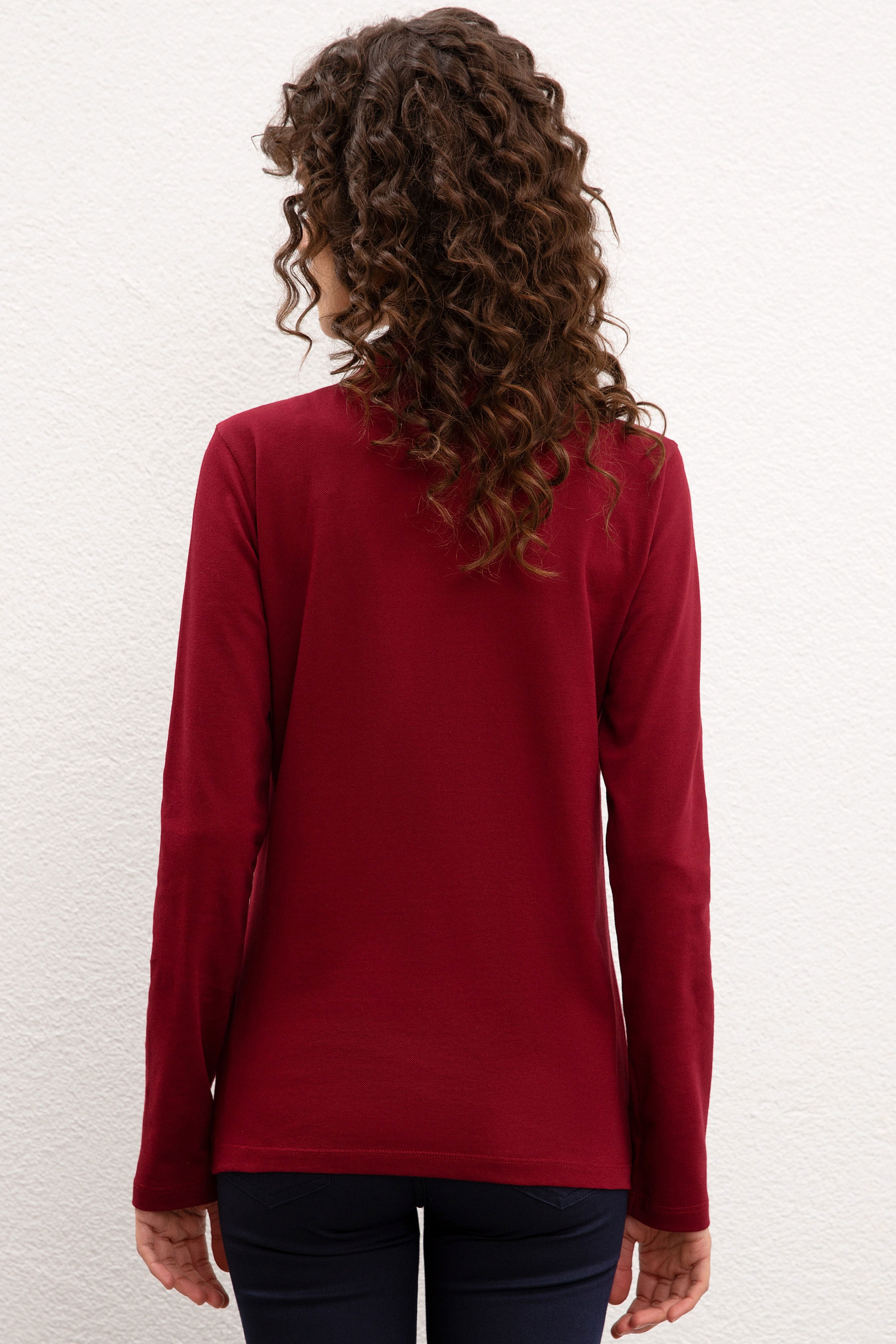 Kadın Bordo Basic Polo Yaka Sweatshirt - Image 3