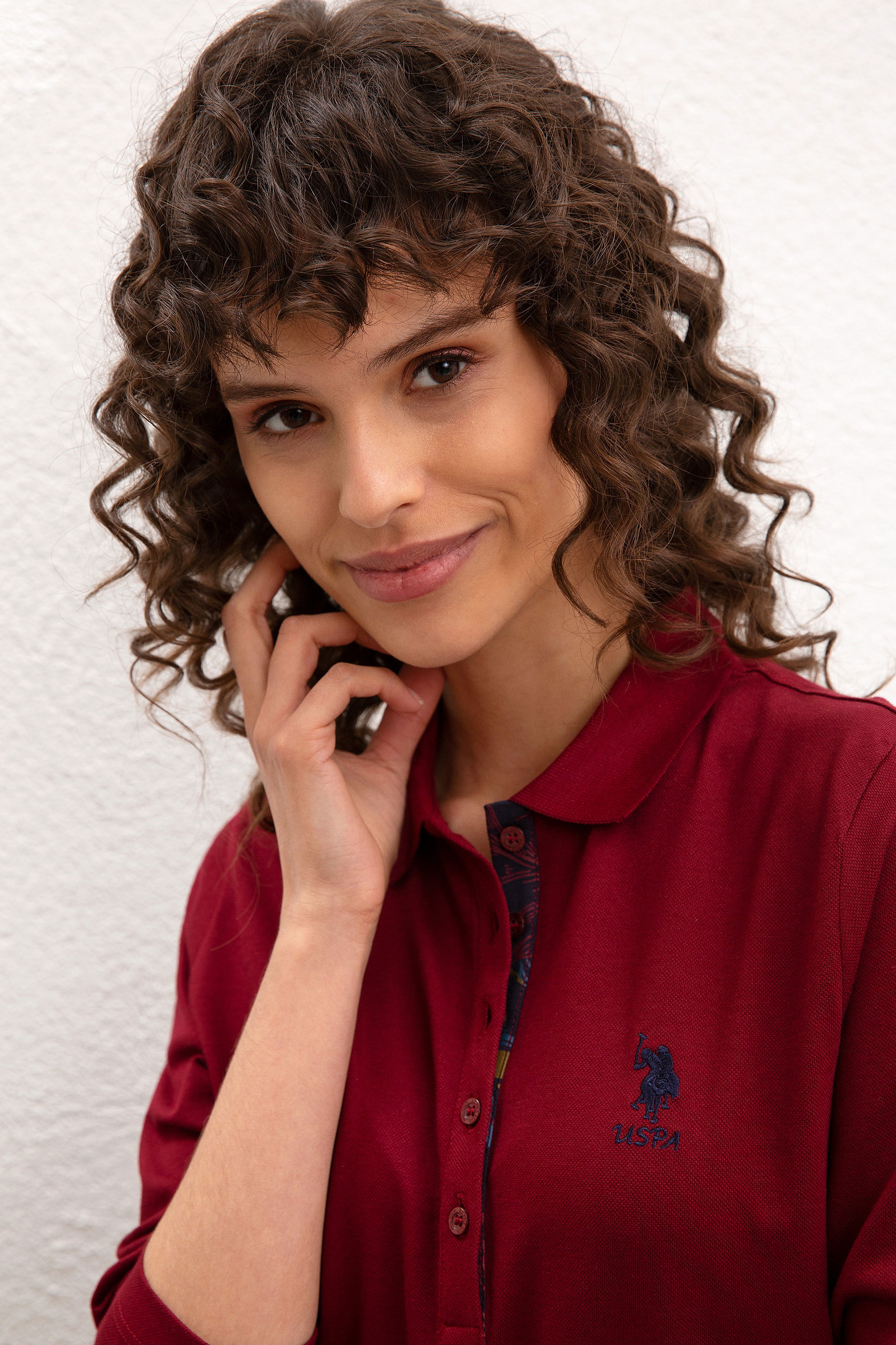Kadın Bordo Basic Polo Yaka Sweatshirt - Image 2