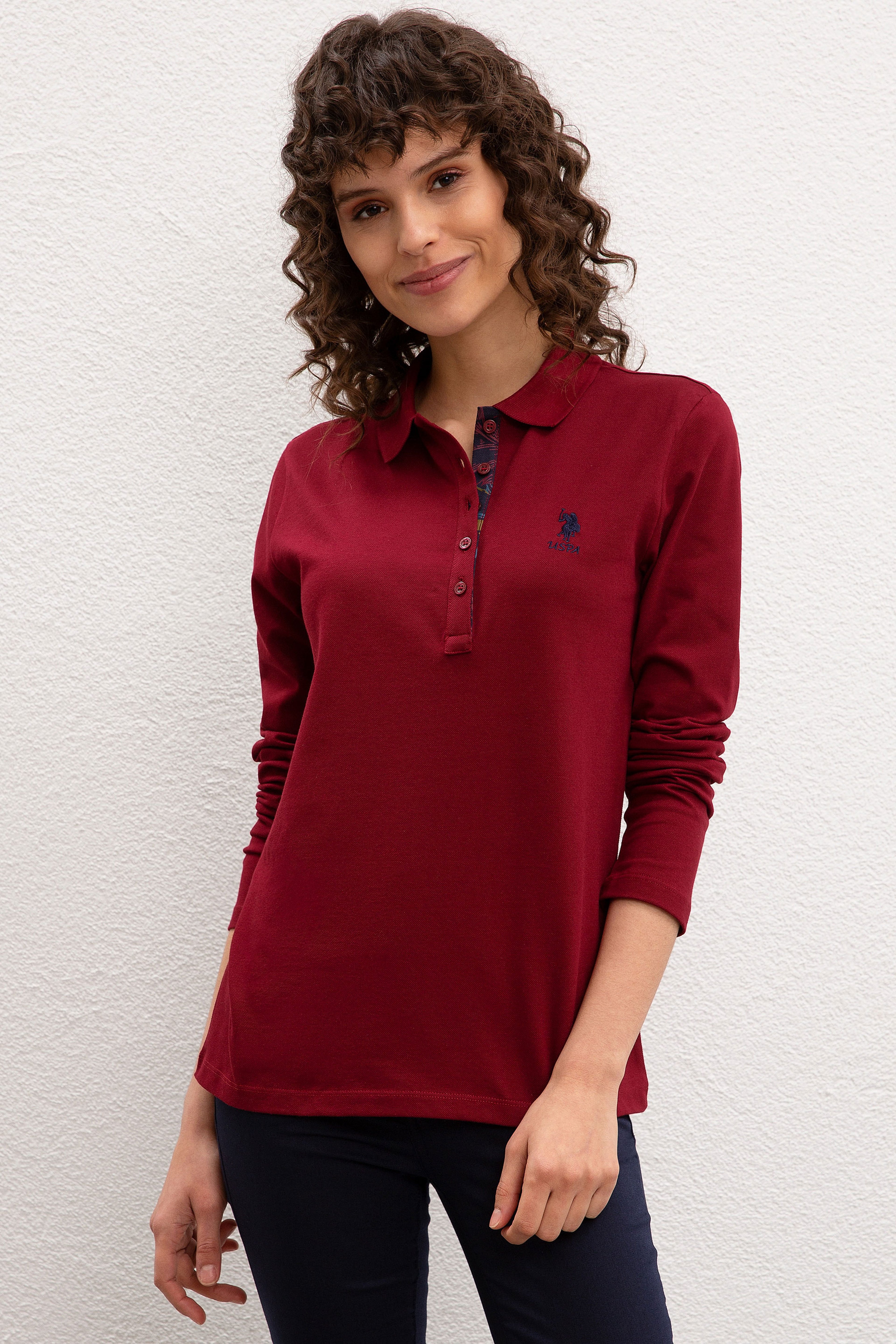 Kadın Bordo Basic Polo Yaka Sweatshirt - Image 1