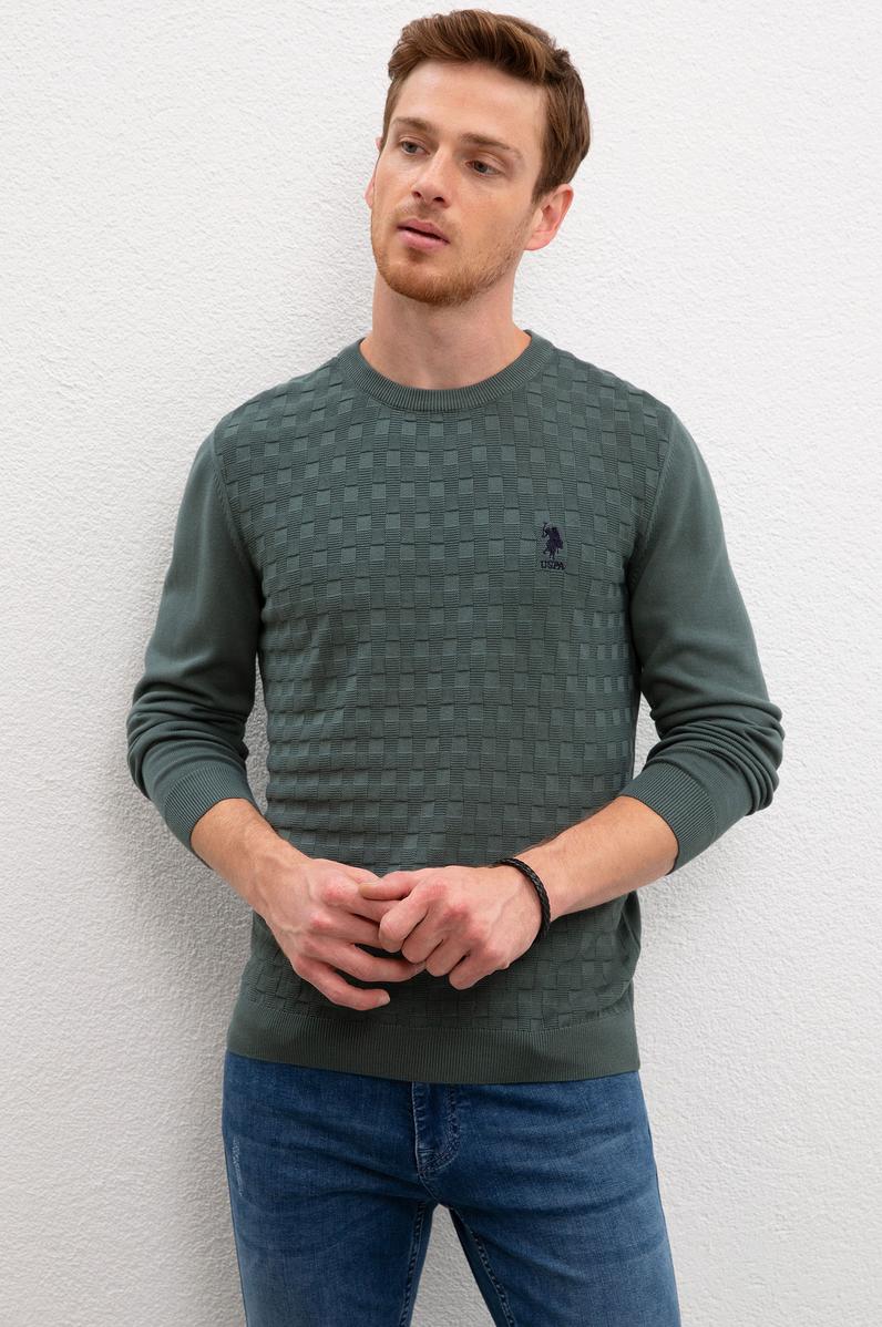 Erkek Yeşil Bisiklet Yaka Triko Kazak Basic