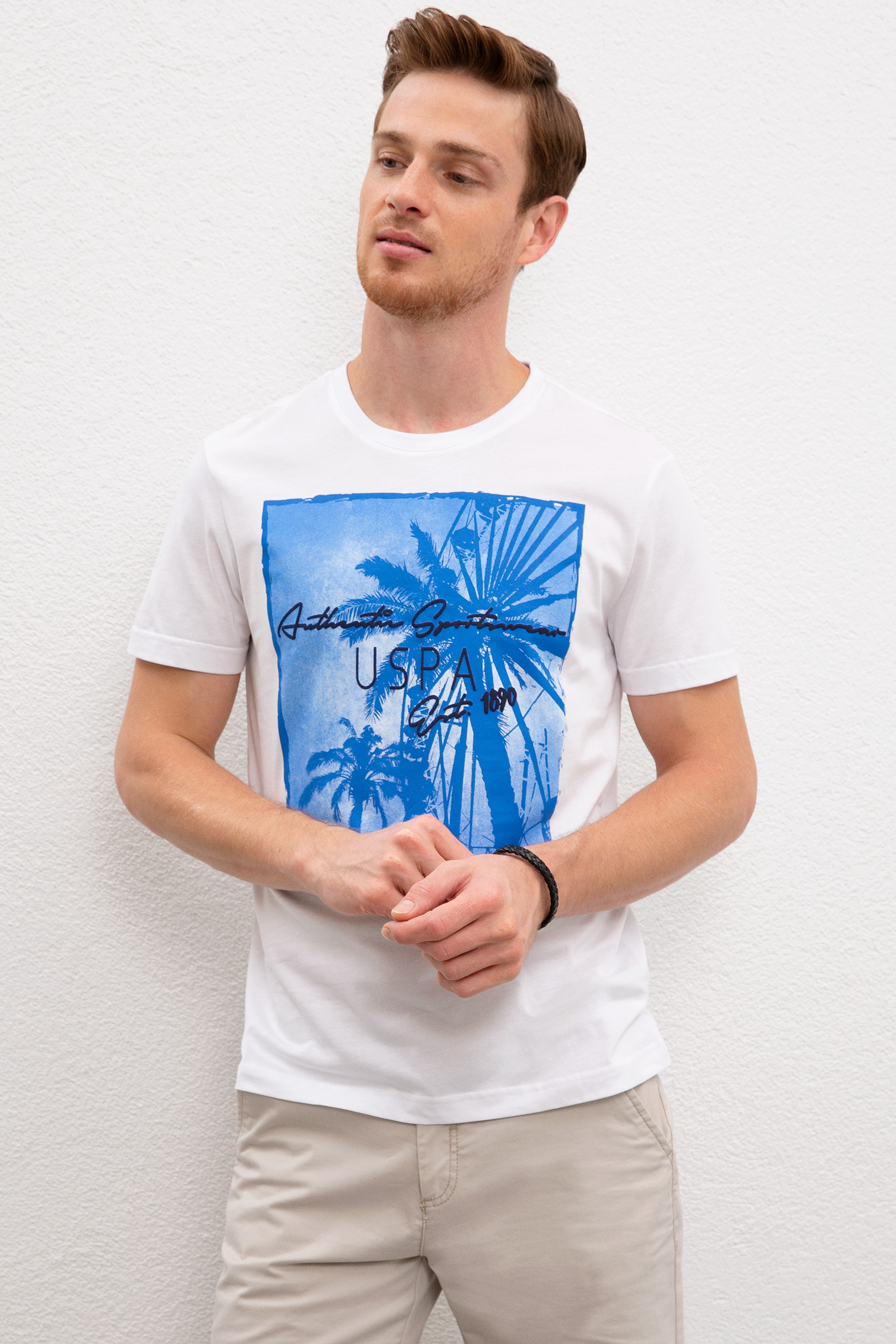 Erkek Beyaz Bisiklet Yaka T-Shirt