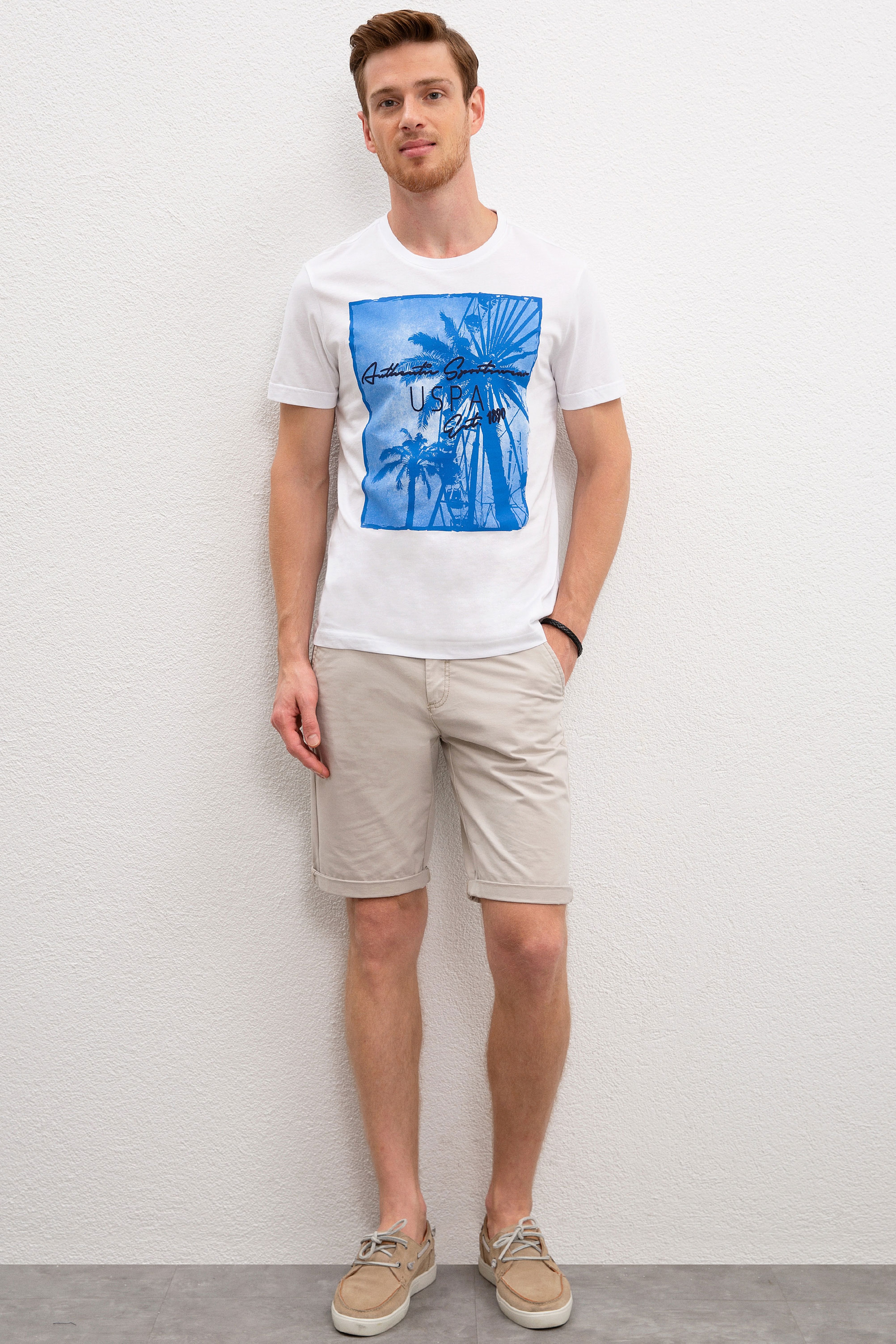 Erkek Beyaz Bisiklet Yaka T-Shirt