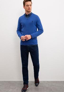 Erkek Açık Mavi V-Yaka Triko Kazak Basic - 50210287034