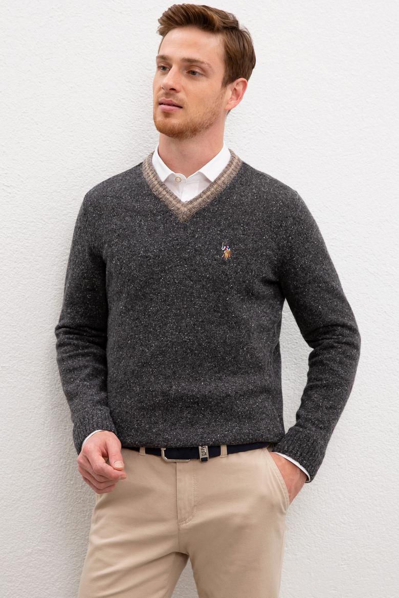Erkek Antrasit Melanj V - Yaka Triko Kazak
