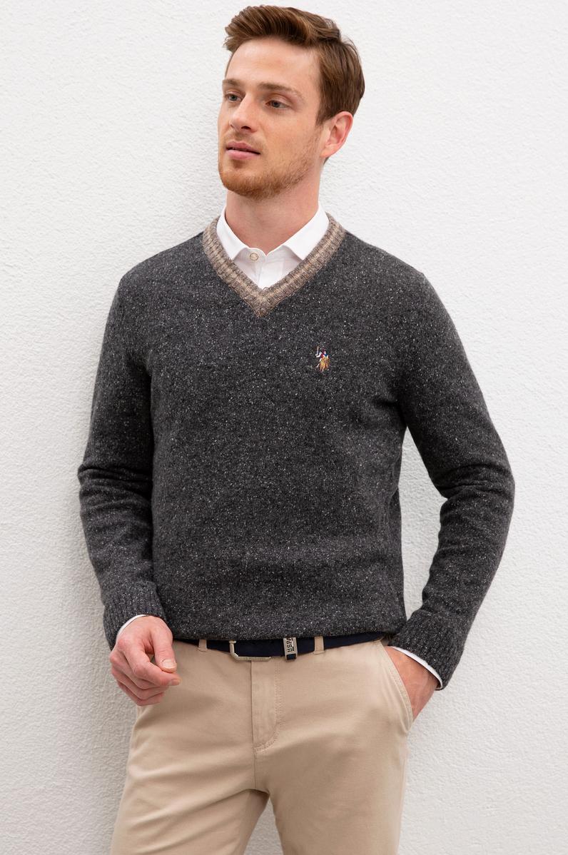 Erkek Antrasit Melanj V - Yaka Triko Kazak