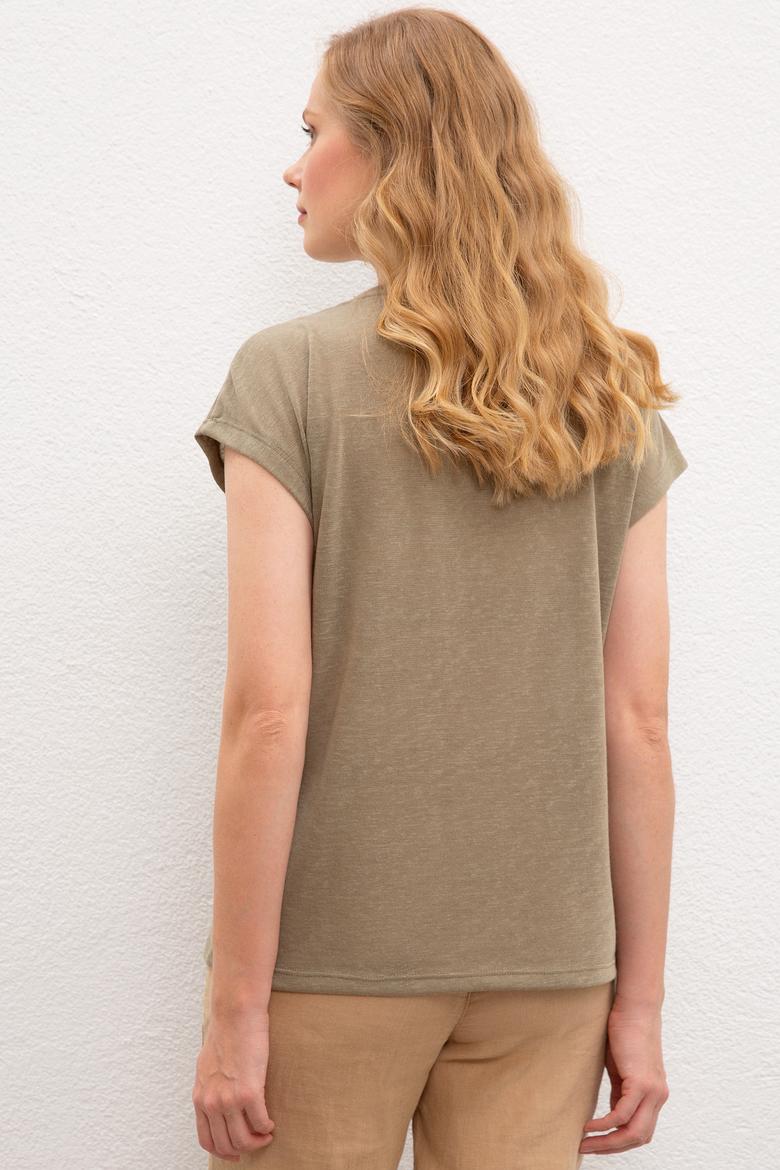 Kadın Haki Bisiklet Yaka T-Shirt - 50220788011
