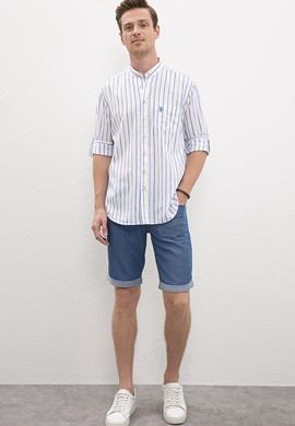 Erkek Mavi Çizgili Hakim Yaka Gömlek Uzunkol - 50218631009