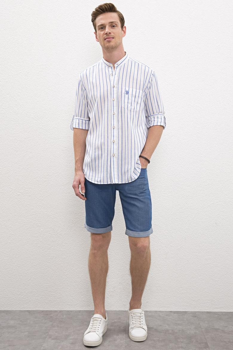 Erkek Mavi Çizgili Hakim Yaka Gömlek Uzunkol - 50218631009