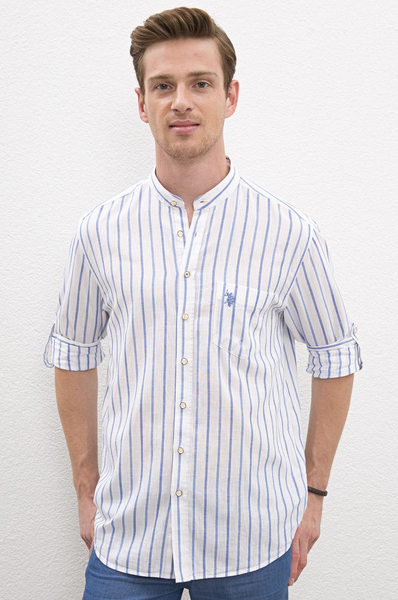 Erkek Mavi Çizgili Hakim Yaka Gömlek Uzunkol