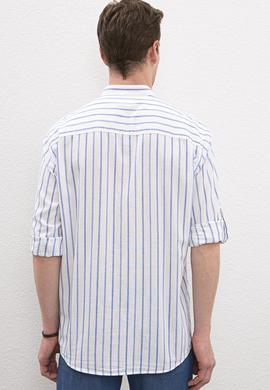 Erkek Mavi Çizgili Hakim Yaka Gömlek Uzunkol - 50218631009