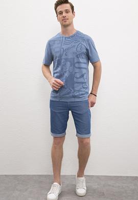 Erkek Açık İndigo Bisiklet Yaka T-Shirt - 50219181043