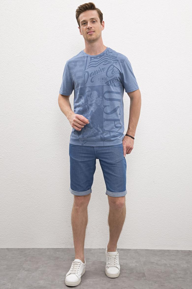 Erkek Açık İndigo Bisiklet Yaka T-Shirt - 50219181043