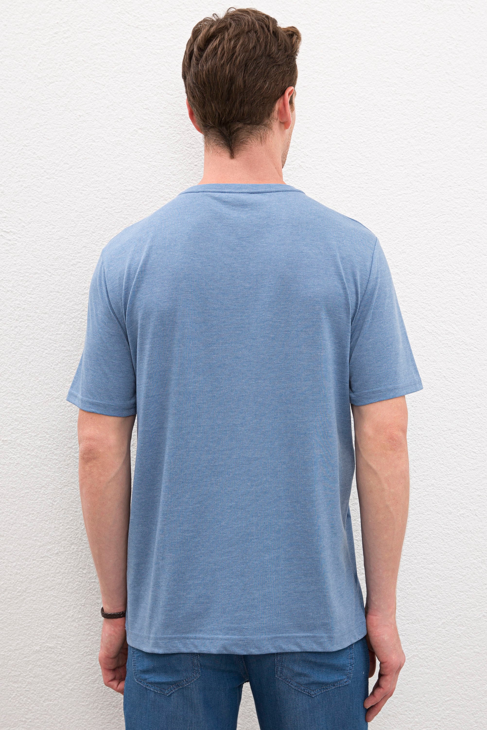 Erkek Açık İndigo Bisiklet Yaka T-Shirt - Image 3