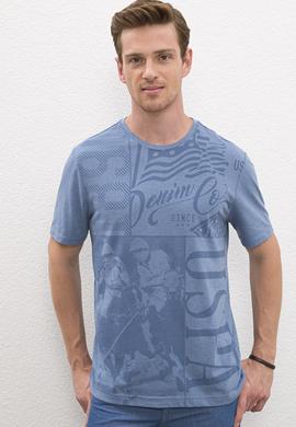 Erkek Açık İndigo Bisiklet Yaka T-Shirt - 50219181043