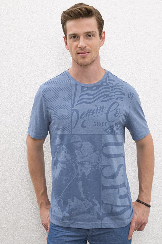 Erkek Açık İndigo Bisiklet Yaka T-Shirt