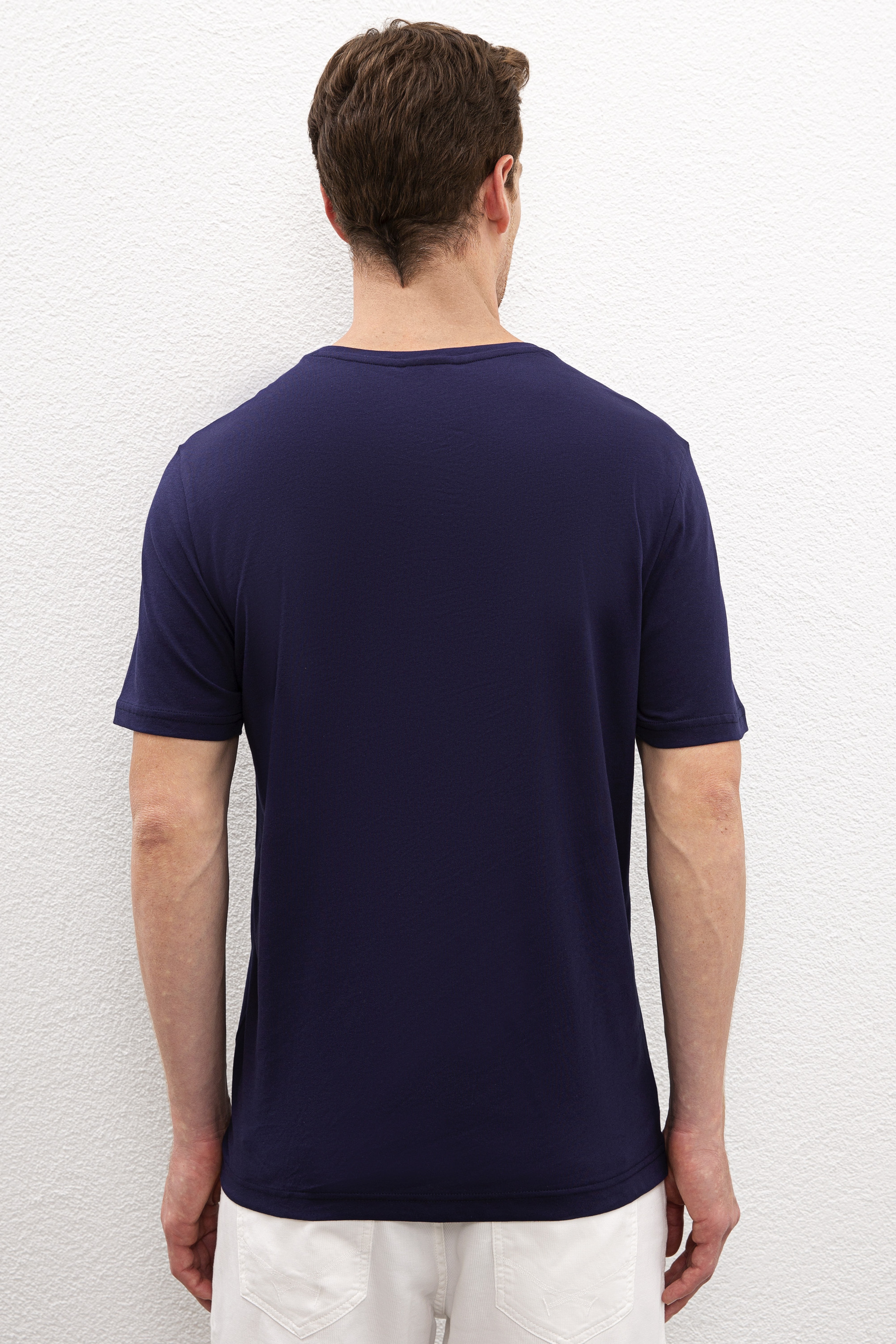Erkek Lacivert Bisiklet Yaka T-Shirt Basic - Image 3