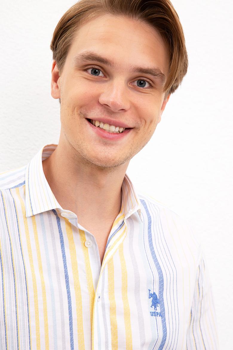 Erkek Sarı Mavi Çizgili Gömlek Uzunkol - 50218451011