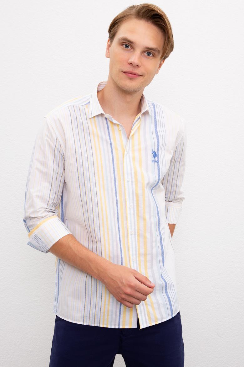 Erkek Sarı Mavi Çizgili Gömlek Uzunkol