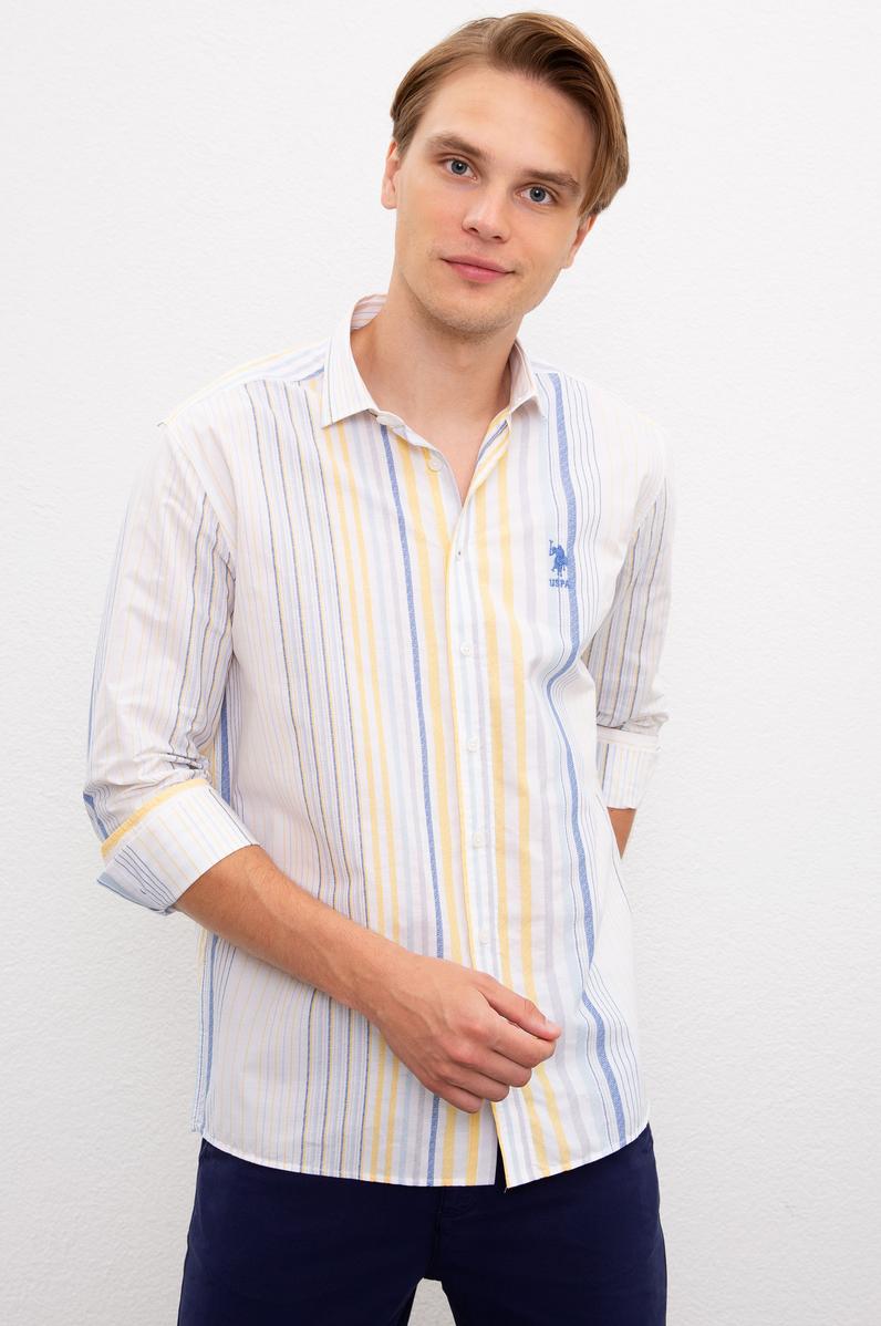 Erkek Sarı Mavi Çizgili Gömlek Uzunkol