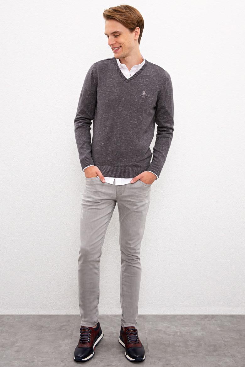 Erkek Antrasit Melanj V-Yaka Triko Kazak - 50223888030