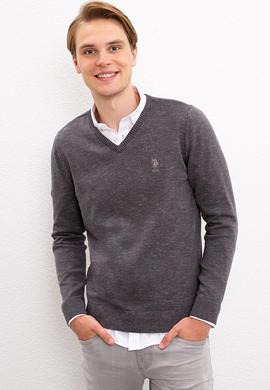 Erkek Antrasit Melanj V-Yaka Triko Kazak - 50223888030