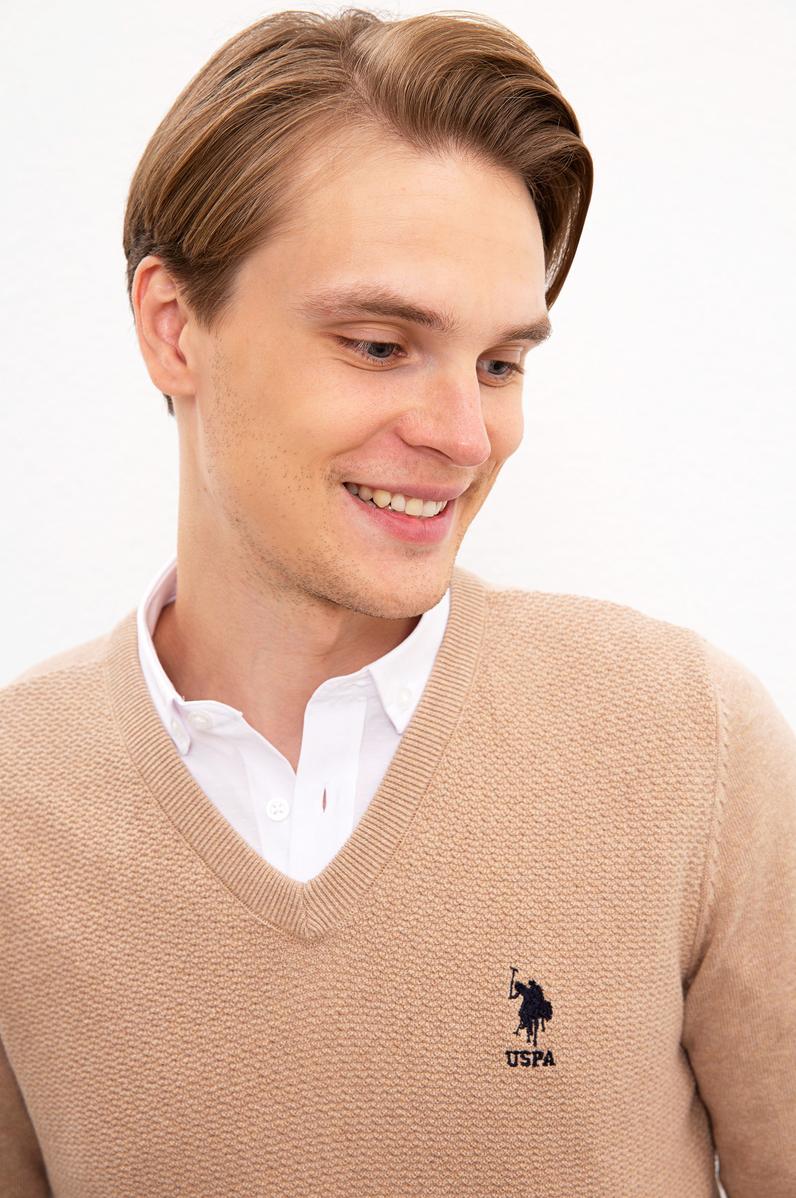 Erkek Camel V Yaka Basic Triko Kazak