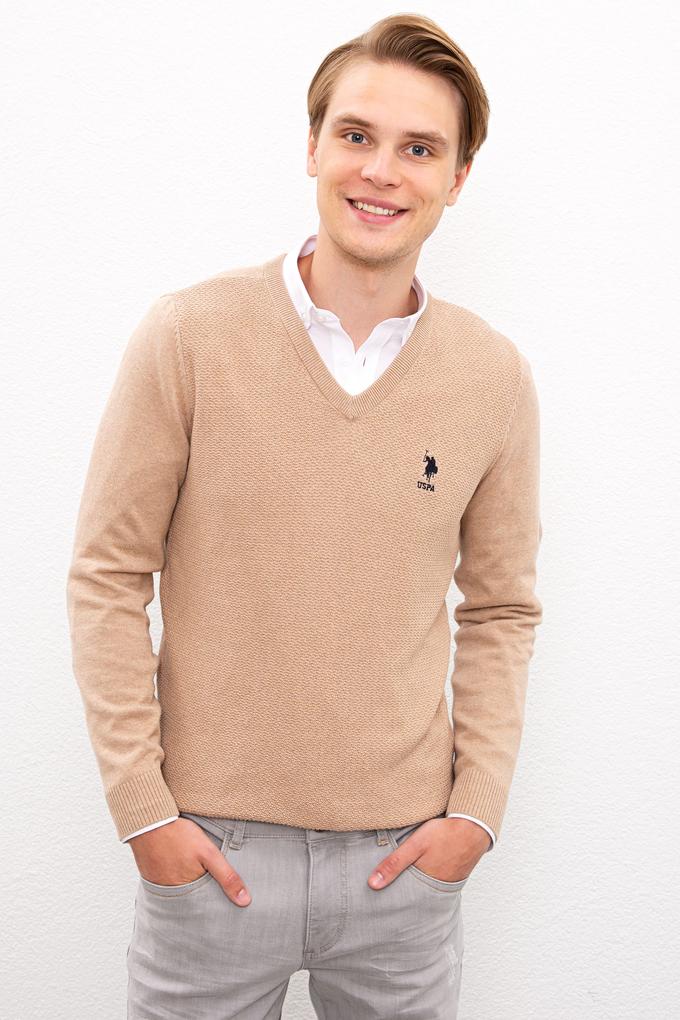 Erkek Camel V Yaka Basic Triko Kazak