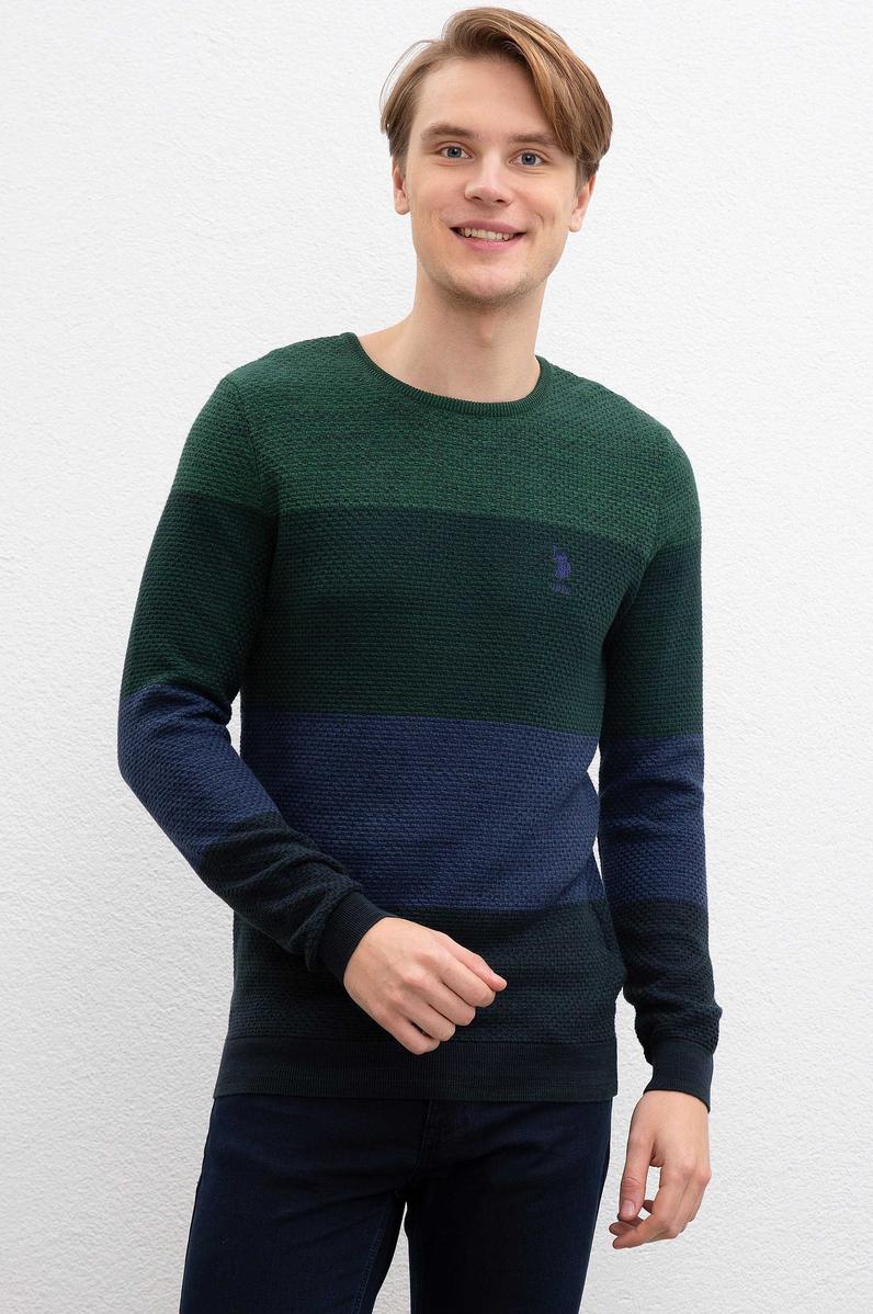 Erkek Koyu Yeşil Bisiklet Yaka Triko Kazak