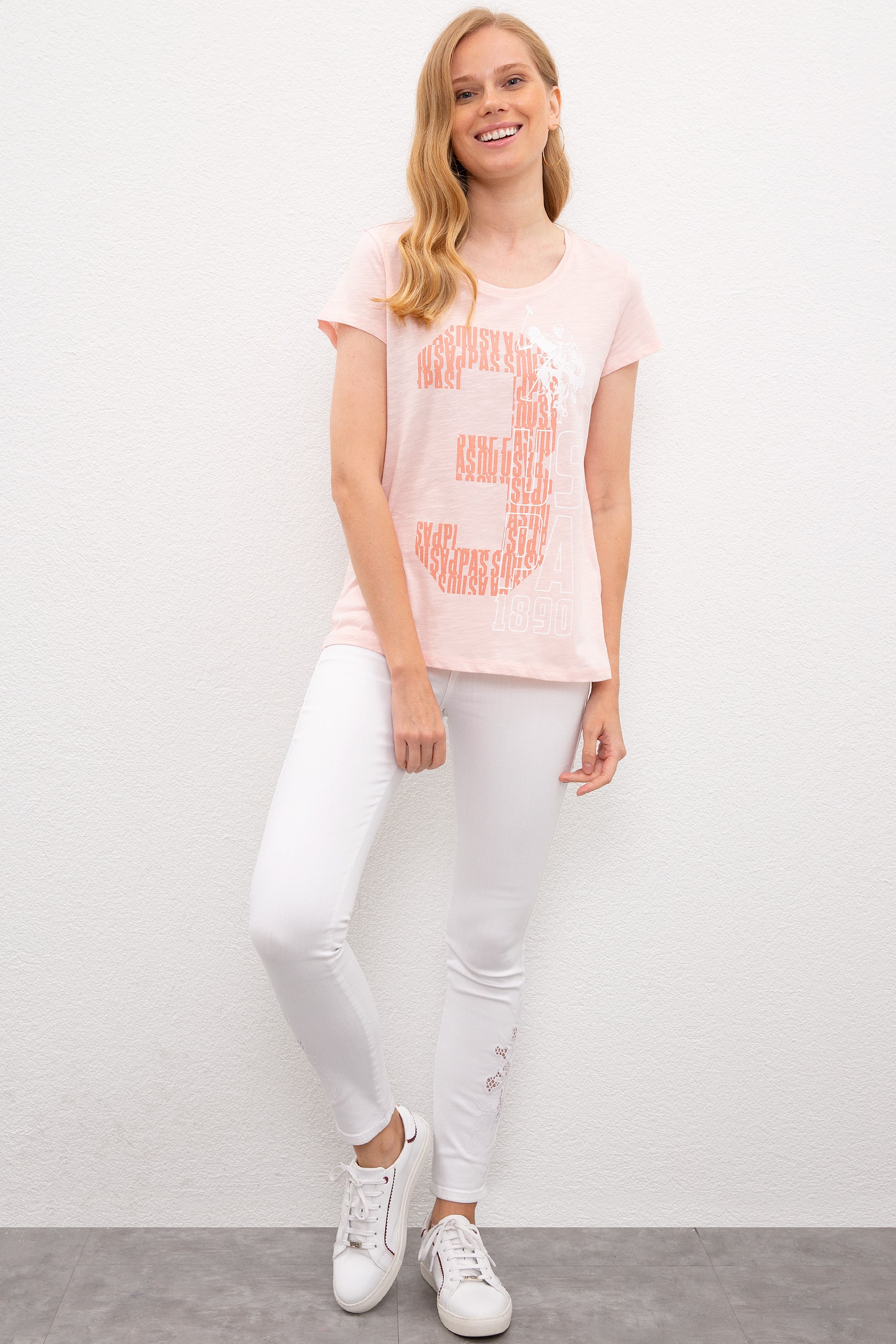 Kadın Pembe Bisiklet Yaka T-Shirt - Image 4