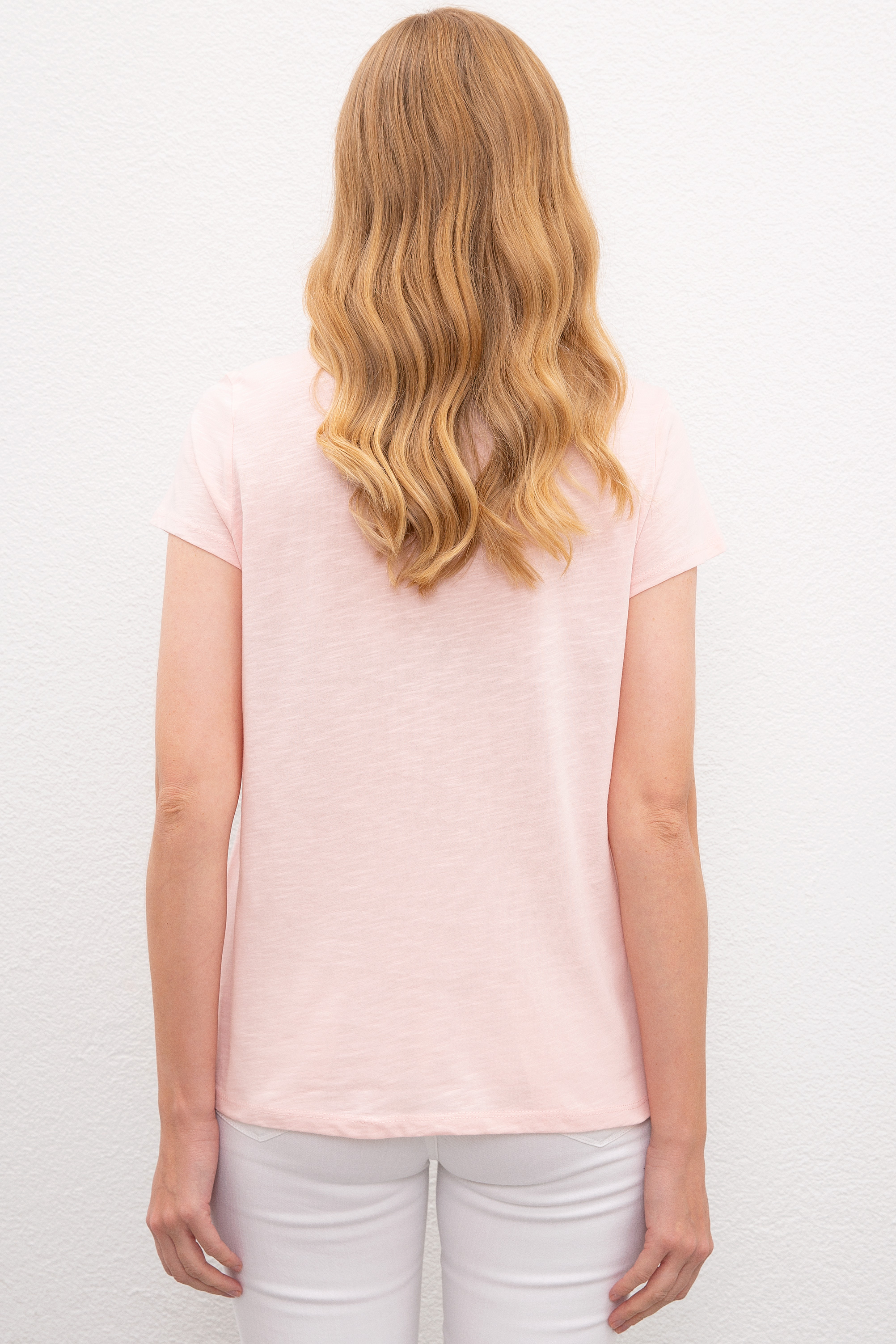 Kadın Pembe Bisiklet Yaka T-Shirt - Image 3
