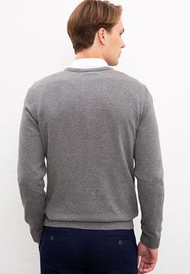 Erkek Gri Melanj V-Yaka Triko Kazak Basic - 50224890022